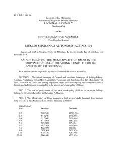 RLA BILL NO. 16 Republic of the Philippines Autonomous Region in Muslim Mindanao