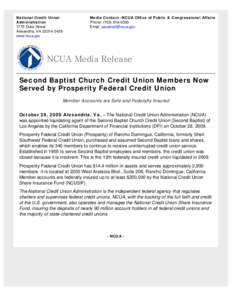 Second Baptist Church Credit Union Members Now Served by Prosperity Federal Credit Union