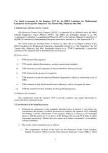 The Initial Assessment by the Japanese NCP for the OECD Guidelines for Multinational Enterprises on the Specific Instance at Top Thermo Mfg. (Malaysia) Sdn. Bhd. 1. Raised issues and intervention requests The Malaysian T