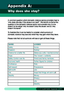 Appendix A: Why does she stay? A common question which domestic violence service providers hear is ‘why does she stay if the abuse is so bad?’ We tend to re-frame this question in the domestic violence sector and con