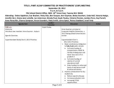 TITLE I, PART A/LAP COMMITTEE OF PRACTITIONERS’ (COP) MEETING September 20, [removed]a.m. to 5 p.m. Fife School District Office, 5802 20th Street East, Tacoma WA[removed]Attending: Debra Appleton, Sue Bradner, Patty Diaz, 