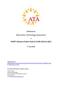 Submission by  Alternative Technology Association on  IPART’s Review of Solar Feed-in Tariffs 2013 to 2014