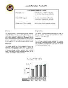 Assets Forfeiture Fund (AFF) FY 2011 Budget Request At A Glance FY 2010 Enacted: $1,151.8 million (Indefinite Authority) $ 21.0 million (Discretionary Authority)