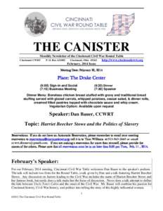 ______________________________________________________________________________  THE CANISTER Monthly Newsletter of the Cincinnati Civil War Round Table Cincinnati CWRT P. O. Box