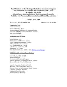 Panel Members for the Meeting of the Federal Insecticide, Fungicide and Rodenticide Act Scientific Advisory Panel (FIFRA SAP)