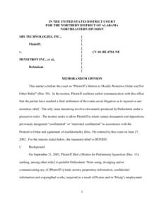 IN THE UNITED STATES DISTRICT COURT FOR THE NORTHERN DISTRICT OF ALABAMA NORTHEASTERN DIVISION SRS TECHNOLOGIES, INC., Plaintiff, v.