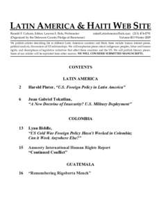 LATIN AMERICA & HAITI WEB SITE Ronald F. Coburn, Editor; Lawren S. Bale, Webmaster (Organized by the Delaware County Pledge of Resistance Volume 003 Winter 2009