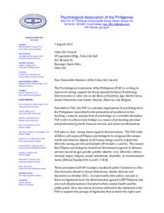 Psychological Association of the Philippines Room 210, 2/F, PSSCenter Commonwealth Avenue, Diliman, Quezon City Tel/Fax No.: [removed]; E-mail Address: [removed] PAP Website: pap.org.ph  BOARD OF DIRECTORS