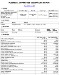 POLITICAL COMMITTEE DISCLOSURE REPORT Export data to .CSV COVER Committee Name NORTH CAROLINA CLEAN ENERGY BUSINESS ALLIANCE PAC