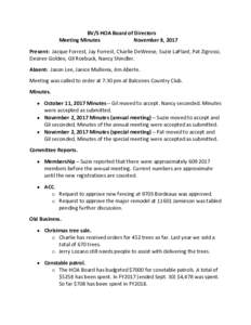 BV/S HOA Board of Directors Meeting Minutes November 8, 2017 Present: Jacque Forrest, Jay Forrest, Charlie DeWeese, Suzie LaPlant, Pat Zigrossi, Desiree Golden, Gil Roebuck, Nancy Shindler. Absent: Jason Lee, Janice Mull