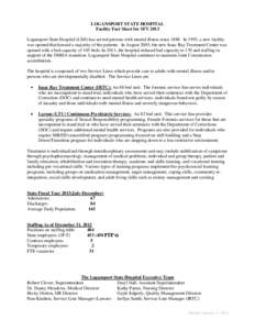 LOGANSPORT STATE HOSPITAL Facility Fact Sheet for SFY 2013 Logansport State Hospital (LSH) has served persons with mental illness since[removed]In 1993, a new facility was opened that housed a majority of the patients. In 