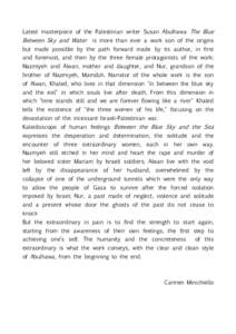 Latest masterpiece of the Palestinian writer Susan Abulhawa The Blue  Between Sky and Water is more than ever a work son of the origins