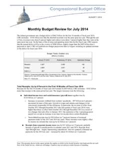 AUGUST 7, 2014  Monthly Budget Review for July 2014 The federal government ran a budget deficit of $462 billion for the first 10 months of fiscal year 2014, CBO estimates—$146 billion less than the shortfall recorded o