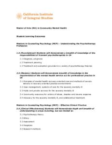 Master of Arts (MA) in Community Mental Health  Student Learning Outcomes Masters in Counseling Psychology (MCP) - Understanding the Psychotherapy Profession