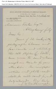 From J.W. Weidermeyer to Morrison Foster, March 23, 1887 Foster Hall Collection, CAM.FHC[removed], Center for American Music, University of Pittsburgh. 