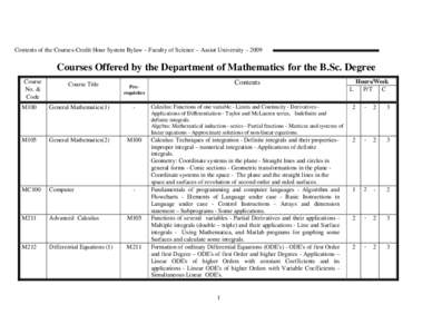 Contents of the Courses-Credit Hour System Bylaw – Faculty of Science – Assiut University – 2009  Courses Offered by the Department of Mathematics for the B.Sc. Degree Course No. & Code