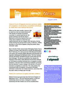    Victory! Court of Appeals decision protects rights of competent, involuntarily committed individuals to make their own medical decisions   