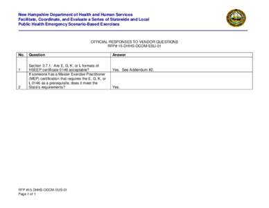 New Hampshire Department of Health and Human Services Facilitate, Coordinate, and Evaluate a Series of Statewide and Local Public Health Emergency Scenario-Based Exercises OFFICIAL RESPONSES TO VENDOR QUESTIONS RFP# 15-D