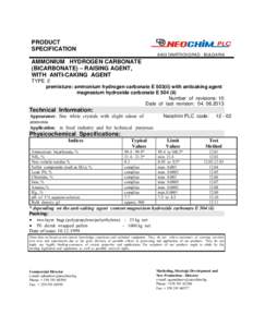 PRODUCT SPECIFICATION 6403 DIMITROVGRAD - BULGARIA AMMONIUM HYDROGEN CARBONATE (BICARBONATE) – RAISING AGENT,