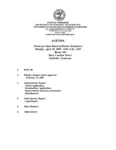 STATE OF TENNESSEE  DEPARTMENT OF COMMERCE AND INSURANCE  TENNESSEE STATE BOARD OF BARBER EXAMINERS  500 JAMES ROBERTSON PARKWAY  NASHVILLE, TN 37243­1148  615­741­2294 