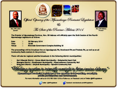 Hon. SW Lubisi Speaker Official Opening of the Mpumalanga Provincial Legislature & The State of the Province Address 2014