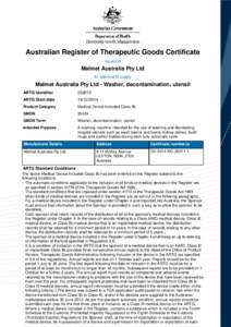 Australian Register of Therapeutic Goods Certificate Issued to Malmet Australia Pty Ltd for approval to supply