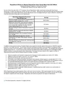 Republican Efforts to Repeal ObamaCare Have Saved More than $52 Billion Republicans Making Progress in Forcing the President to Repeal Key Pieces of His Own Health Care Law th  As one of their first acts of the 112 Congr