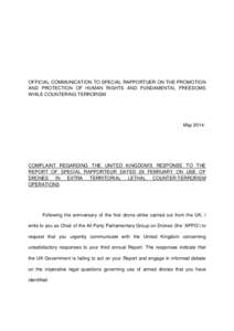 OFFICIAL COMMUNICATION TO SPECIAL RAPPORTUER ON THE PROMOTION AND PROTECTION OF HUMAN RIGHTS AND FUNDAMENTAL FREEDOMS WHILE COUNTERING TERRORISM May 2014