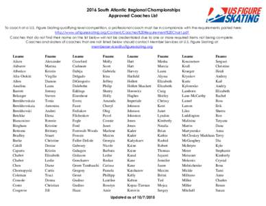 2016 South Atlantic Regional Championships Approved Coaches List To coach at a U.S. Figure Skating qualifying level competition, a professional coach must be in compliance with the requirements posted here: http://www.us