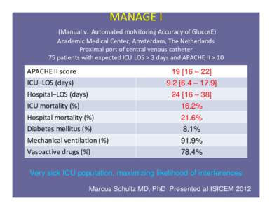 MANAGE I (Manual v.  Automated moNitoring Accuracy of GlucosE) Academic Medical Center, Amsterdam, The Netherlands Proximal port of central venous catheter 75 patients with expected ICU LOS > 3 