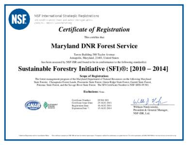 Certificate of Registration This certifies that Maryland DNR Forest Service Tawes Building 580 Taylor Avenue Annapolis, Maryland, 21401, United States
