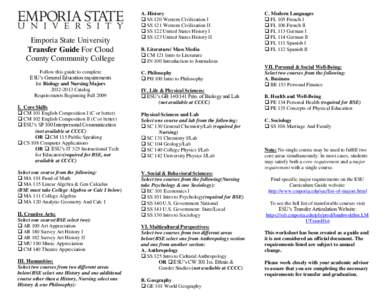 Emporia State University Transfer Guide For Cloud County Community College Follow this guide to complete ESU’s General Education requirements for Biology and Nursing Majors