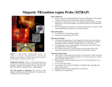 Magnetic TRAnsition region Probe (MTRAP) Science Objectives: • Discover, measure, and understand the 3D structure and dynamics of the magnetic transition region between the photosphere and upper chromosphere. • Conne