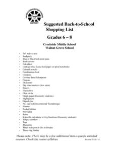 Suggested Back-to-School Shopping List Grades 6 – 8 Creekside Middle School Walnut Grove School •