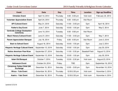 Cedar Creek Corrections Center[removed]Family Friendly & Religious Events Calendar Event