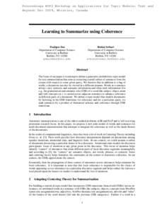 Proceedings NIPS Workshop on Applications for Topic Models: Text and Beyond: Dec 2009, Whistler, Canada Learning to Summarize using Coherence  Rohini Srihari