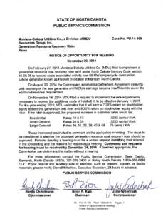 STATE OF NORTH DAKOTA PUBLIC SERVICE COMMISSION 	 Case No. PU[removed]