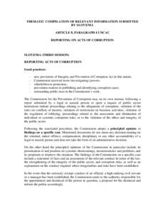 THEMATIC COMPILATION OF RELEVANT INFORMATION SUBMITTED BY SLOVENIA ARTICLE 8, PARAGRAPH 4 UNCAC REPORTING ON ACTS OF CORRUPTION  SLOVENIA (THIRD SESSION)