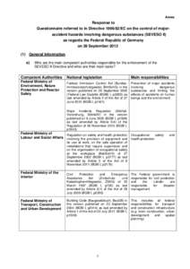 Annex  Response to Questionnaire referred to in Directive[removed]EC on the control of majoraccident hazards involving dangerous substances (SEVESO II) as regards the Federal Republic of Germany on 28 September 2012