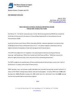 Barbara Holston, President and CEO FOR IMMEDIATE RELEASE June 11, 2012 Alice Sykes, ([removed]Email: [removed]