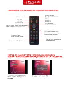 PROCEDURE DE MISE EN SERVICE DU DECODEUR THOMSON DSI 702  TOUCHE SAT VOLUME + VOLUME TOUCHE MUTE DEPLACEMENT gauche / droite dans le menu