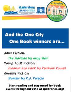 And the One City One Book winners are… Adult Fiction: The Martian by Andy Weir Young Adult Fiction: