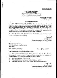 MOST IMMEDIATE F. No[removed]E0(MM-I) Government of India Department of Personnel & Training (Office of the Establishment Officer)