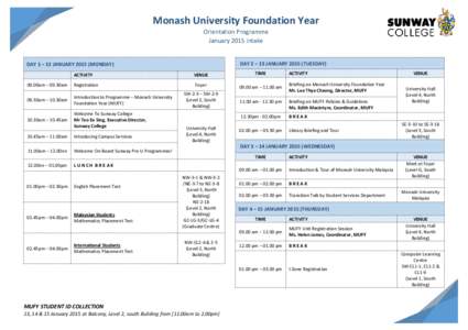 Monash University Foundation Year Orientation Programme January 2015 intake DAY 2 – 13 JANUARY[removed]TUESDAY)  DAY 1 – 12 JANUARY[removed]MONDAY)