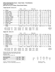 Official Basketball Box Score -- Game Totals -- Final Statistics Texas Tech vs Baylor[removed]:47 p.m. at Waco, Texas (Ferrell Center) Texas Tech 49 • 13-16, 5-11 Total 3-Ptr