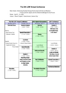 The 40th JAIF Annual Conference Main theme: Advancing Nuclear Energy Harmonized with Non-proliferation ──Fuel Cycle for Japan and the Global Challenges for the Future Dates April, 2007 Venue Room 