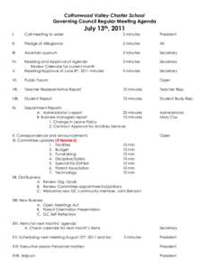 Cottonwood Valley Charter School Governing Council Regular Meeting Agenda July 13th, 2011 I.
