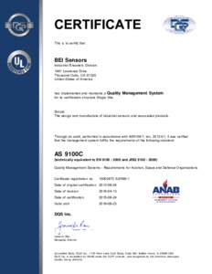 This is to certify that  BEI Sensors Industrial Encoders Division 1461 Lawrence Drive Thousand Oaks, CA 91320