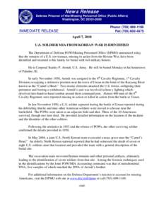 N ew s R elease Defense Prisoner of War/Missing Personnel Office (Public Affairs) Washington, DC[removed]Phone: ([removed]Fax[removed]