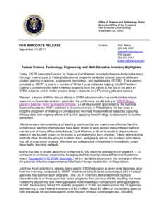 Office of Science and Technology Policy Executive Office of the President New Executive Office Building Washington, DC[removed]FOR IMMEDIATE RELEASE